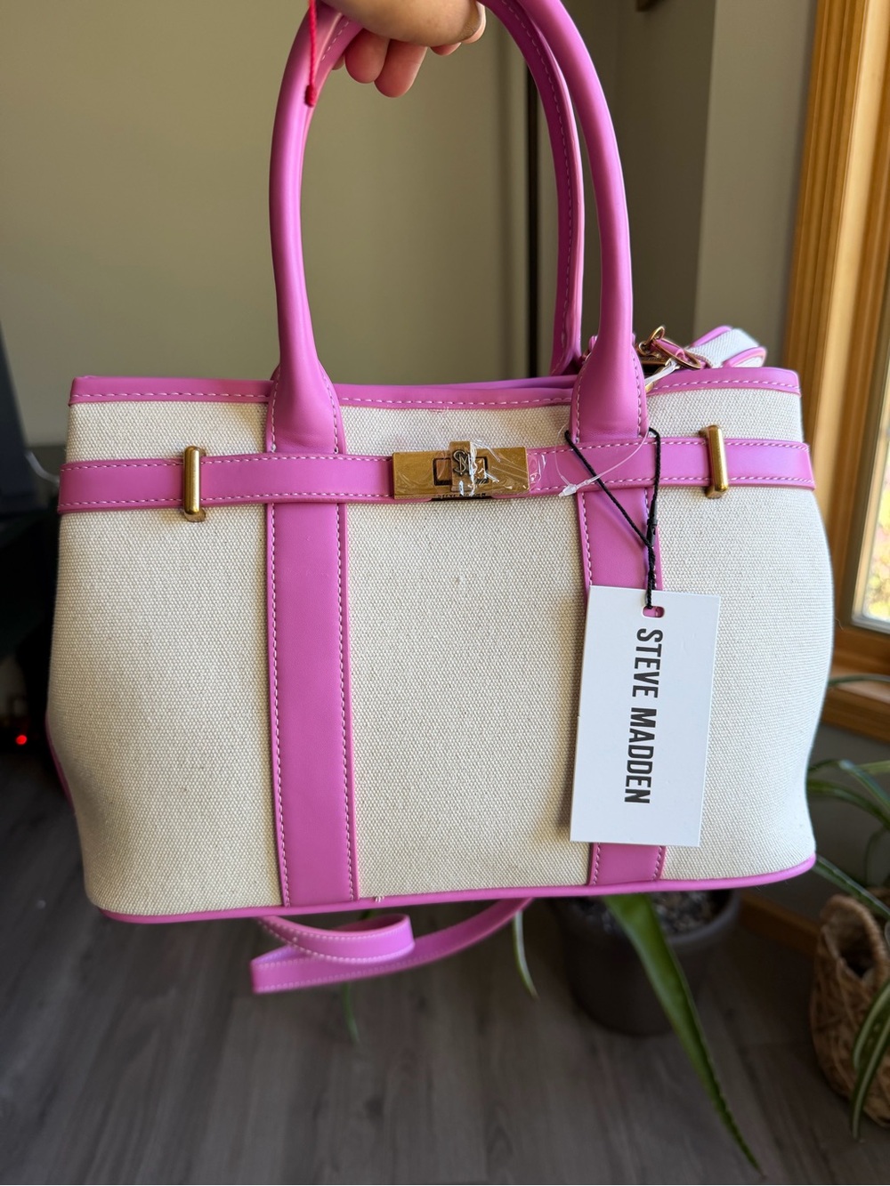 Steve Madden Cream Canvas Tote with Pink Trim